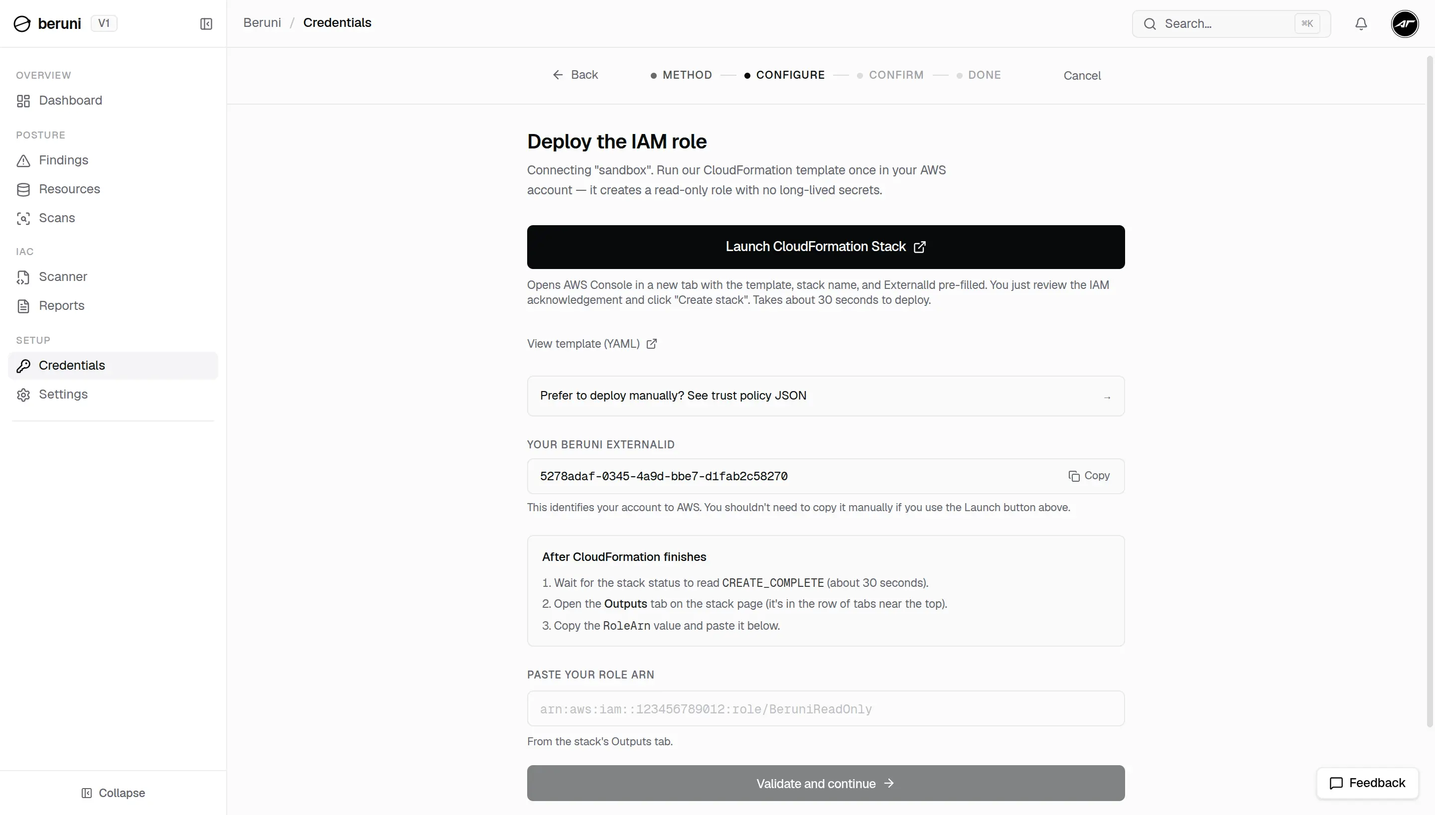 Beruni onboarding: deploy a CloudFormation read-only role to connect an AWS account